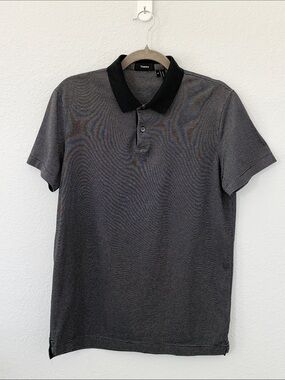 Theory Men's M Sandhurst Dotted Stripe Polo Shirt Black Gray Short Sleeve Cotton